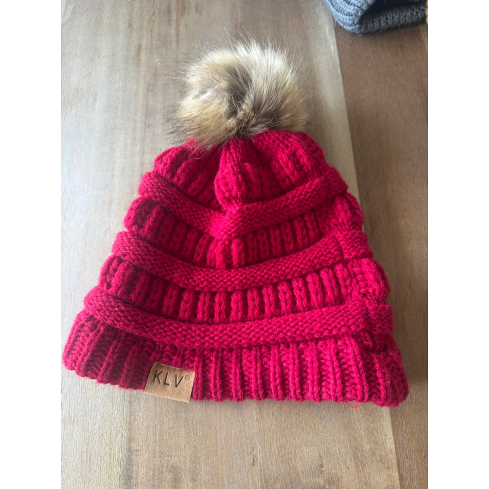 KLV Red Knit Beanie Hat Brown Pom Pom One Size